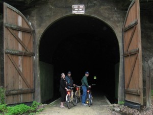 Biking enthusiasts getting ready to enjoy one of the tunnels of the Elroy-Sparta State Trail.