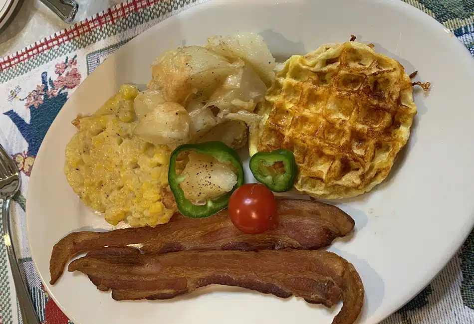eggs, potatoes, bacon